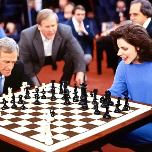Prompt: actress rachel bloom playing chess against president george w. bush, 4 th game of world chess championship 1 9 8 4, digital photograph getty images dslr