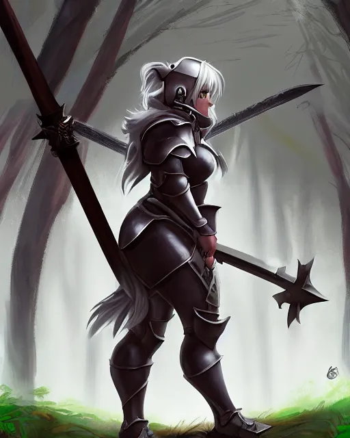 Image similar to concept art of a thicc girl knight in a epic pose, wearing heavy medival knight armor, holding a long sword, walking through a foggy oak forest | | epic - fine - clean, polished, trending on artstation, brush strokes