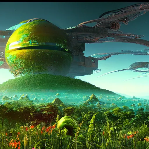 Image similar to lush organic alien skyline, flowers cryengine render by android jones, syd mead, and john stephens