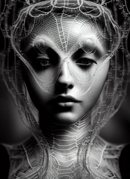 Image similar to surreal mythical dreamy dark artistic black and white fine art photo of a beautiful young female medusa - cyborg covered with translucent algae, highly detailed, intricate crystal ivy jelly fish scales ornate, lace web, poetic, octane render, 8 k, photo - realistic, by man ray