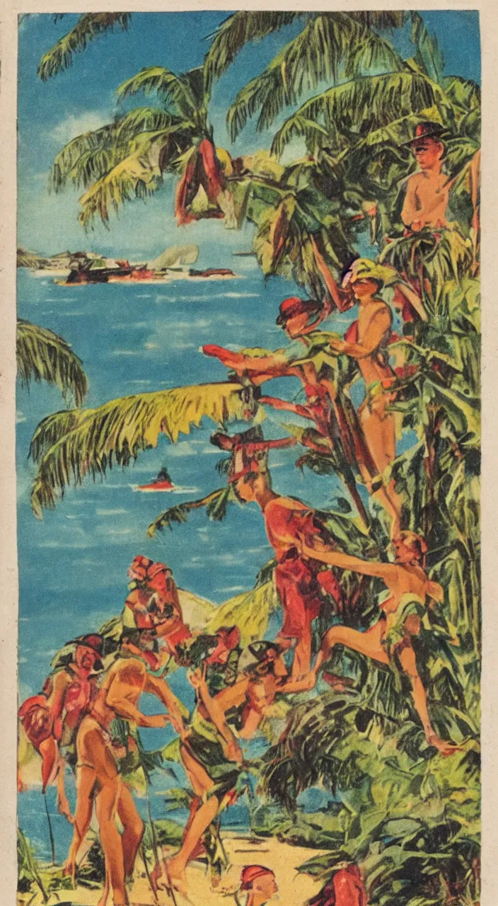 Image similar to a 1920s vacation pamphlet about a Caribbean beach,