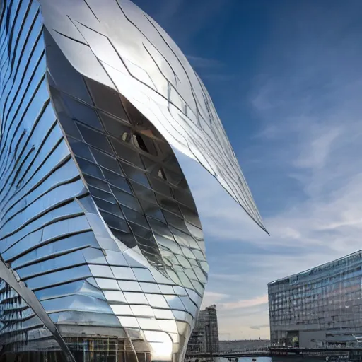 Image similar to a incredible cutting edge new building on the London waterfront designed by bjarke ingels, with a giant modern stainless steel sculpture in front of it at monumental scale, photo by Annie Leibovitz