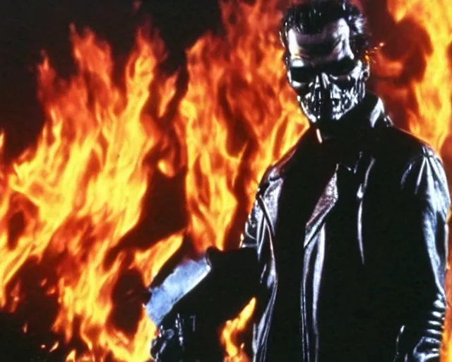 Prompt: Jack Nicholson plays Terminator wearing leather jacket and his endoskeleton is visible, walking out of flames