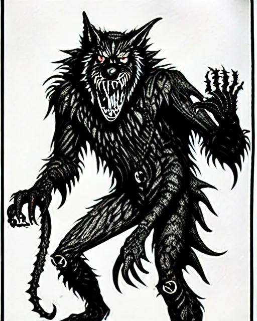 Image similar to a licorice werewolf as a D&D monster, full body, pen-and-ink illustration, etching, by Russ Nicholson, DAvid A Trampier, larry elmore, 1981, HQ scan, intricate details, Monster Manula, Fiend Folio