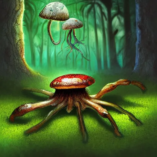 Image similar to realistic, mushroom spider, moss, forest background, detailed, digital art, digital panting, lovecraft