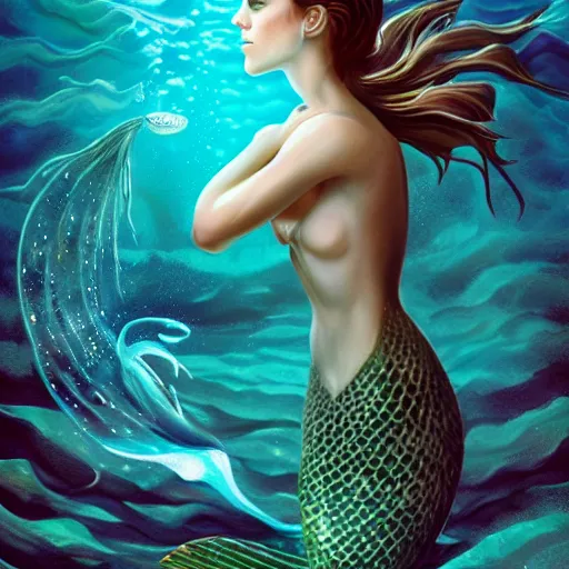 Prompt: a epic mark brooks painting of emma watson as a mermaid under water, 8 k, ultra detailed, lighting, water bubbles, sparkling, beautiful scaly mermaid tale, illustration, trending on art station, digial art by lois van baarle