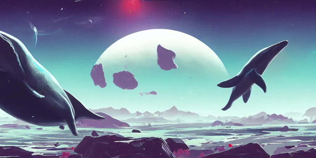 Image similar to no mans sky concept art of flying whale, space whale