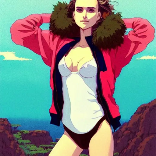 Image similar to a beautiful natalie portman alluring gravure! plus sized model, wearing oversized mayan bomber jacket and leotard with overalls, bulky poofy bomber jacket with mayan patterns, aztec street fashion, gapmoe yandere grimdark, trending on pixiv fanbox, painted by greg rutkowski makoto shinkai takashi takeuchi studio ghibli, akihiko yoshida