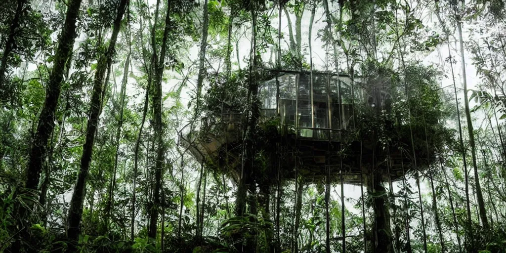 Prompt: astonishingly detailed photograph of a luxurious tree house made of glass and steel in a thick jungle environment, moist and foggy, mysterious, futuristic architecture, dark sci-fi atmosphere, film grain