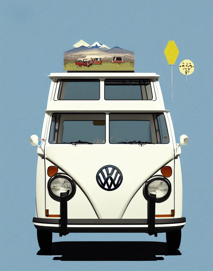 Image similar to front view vw camper touring rural japan, a collage painting, in the style of wes anderson, lola dupre, david hockney, isolated on negative white space background dark monochrome fluorescent spraypaint accents volumetric octane render, no double figure