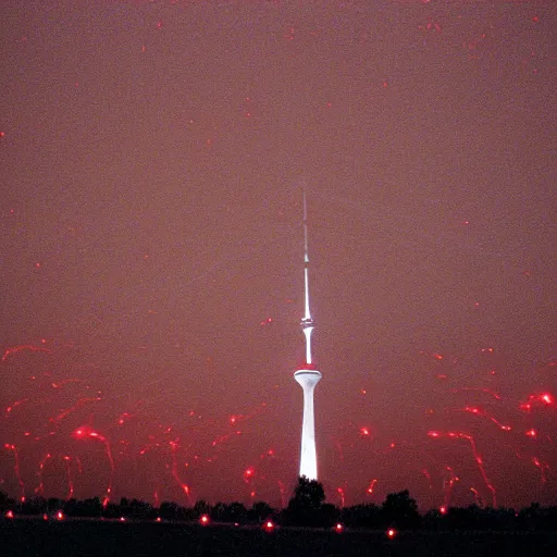 Prompt: a thousand red lightning bolts hit the TV tower in the middle of the field, night, 1998 photo