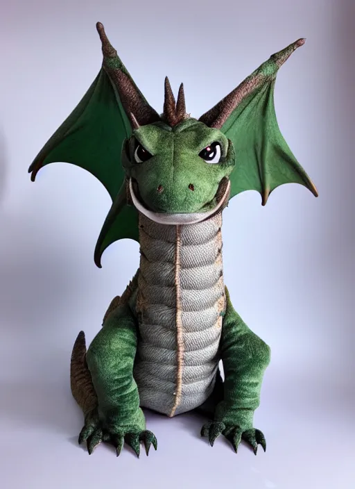 Prompt: a dragon plush. beautifully made, detailed, cute, soft. high quality, studio lighting, product image