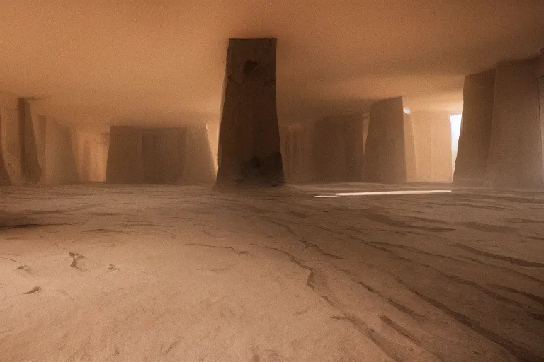 Image similar to inside a large open room with a tall ceiling, monolithic, open wall architecture, sand storm inside, high winds, concrete pillars, ancient sci - fi elements, on an alien planet, sun is blocked by dust, pale orange colors, cinematographic wide angle shot, directed by christopher nolan