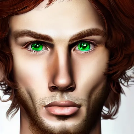 Image similar to professional digital art of a man with natural reddish - brown hair and green eyes, popular, high quality, highly detailed, hd, 4 k