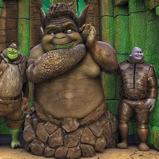 Image similar to Shrek statues in an ancient collapsing temple to Shrek discovered deep in the swamps, 4k render, octane, ancient ogre imagery, tribal war god, dark amazonian temple, onion statue, gargoyle-like decorations in the style of Donkey. hyper-detailed, intricate, hallowed swampland, Shrek (2003) by DreamWorks animation