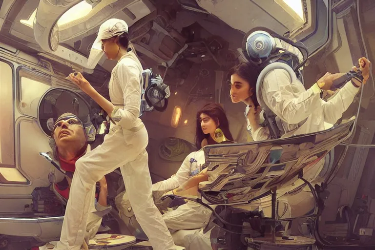 Image similar to Exhausted good looking pale young Indian doctors wearing jeans in a space station above Earth performing surgery, portrait, elegant, intricate, retrofuturistic digital painting, artstation, concept art, smooth, sharp focus, illustration, art by artgerm and greg rutkowski and alphonse mucha