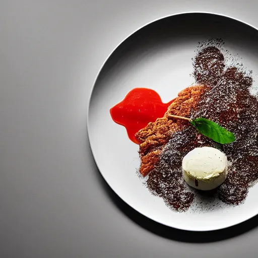 Prompt: brilliant food dish from Alinea 2023 - photograph of plate from above 1920x1080