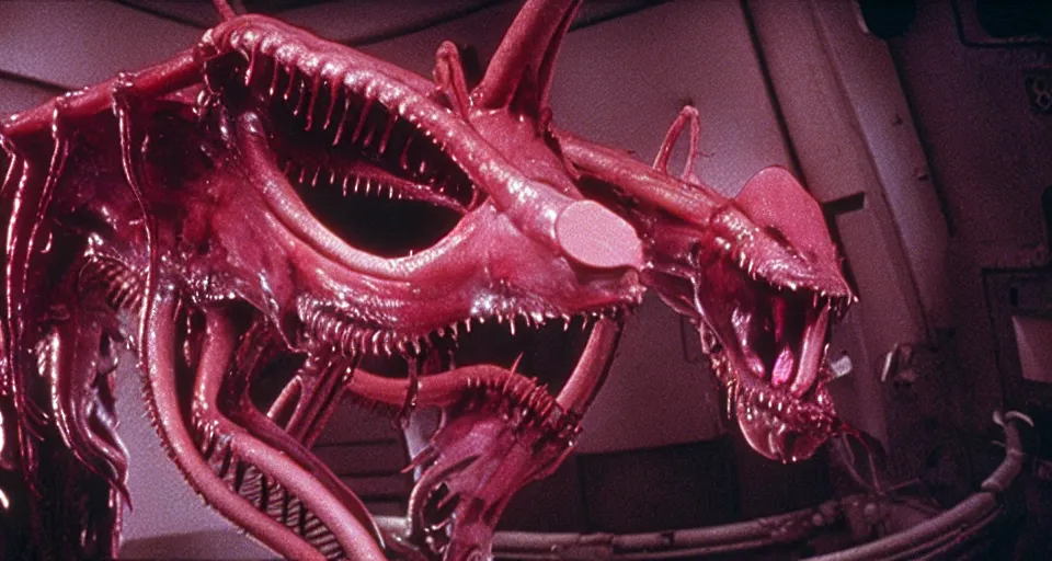 Image similar to peppa the pig infected by xenomorph from movie alien 1 9 7 9, staying at nostromo spaceship. extreme long shot, 4 k, cinestill, giger, hermann nitsch, dark colors