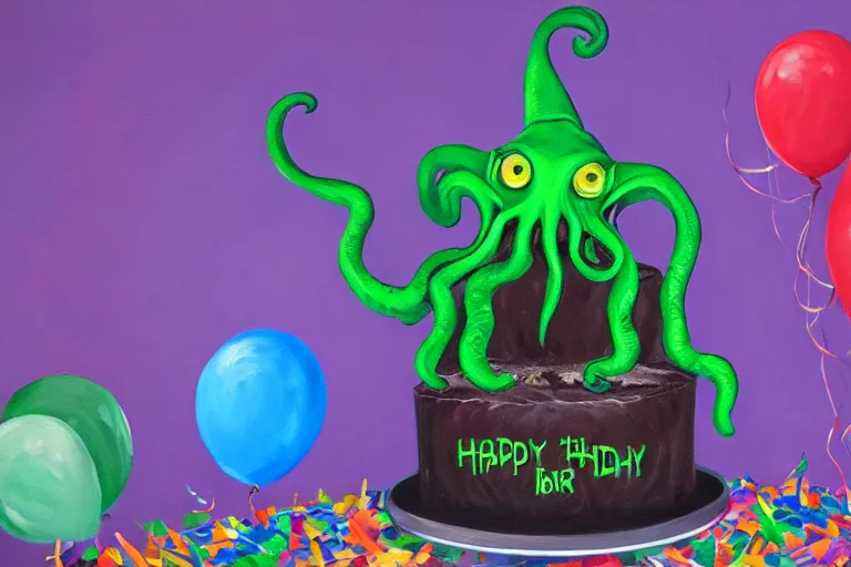 Prompt: cthulhu\'s birthday party with streamers and cake, 4k, oil painting, trending on artstation