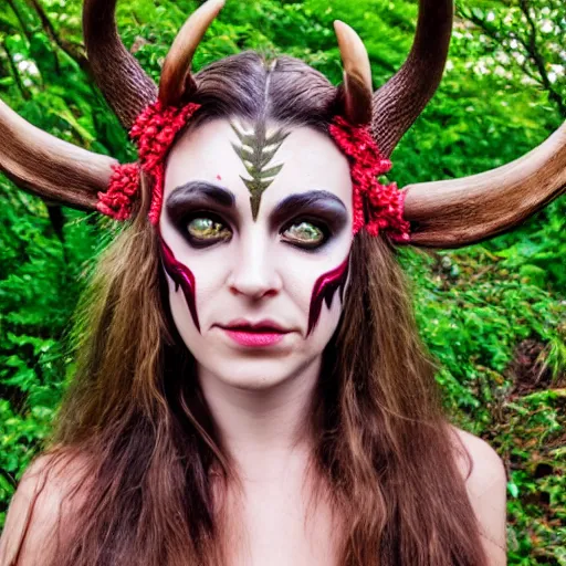 Image similar to tiefling druid with deer antlers growing out of their head and large tribal jewelry and face paint