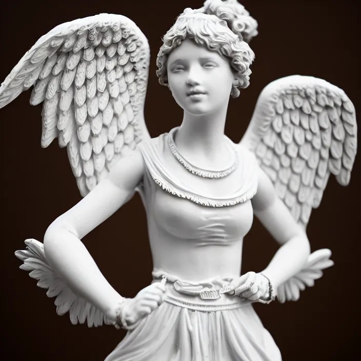 Prompt: photograph of a real-life beautiful female angel with ornate white dress . Extremely detailed. 8k