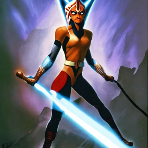 Image similar to Ahsoka with light by frank Frazetta