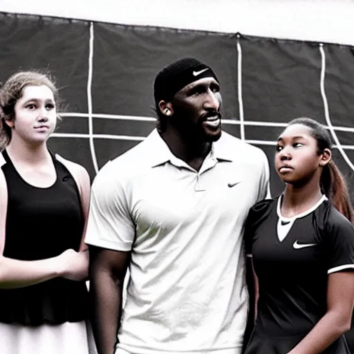 Prompt: ray lewis coaching high school girls tennis, promotional photograph