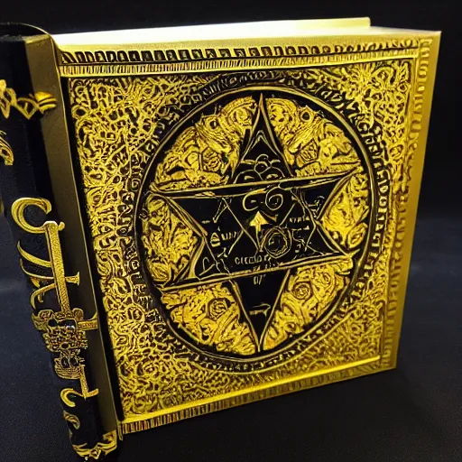 Image similar to occult spellbook, detailed, 4k, gold embossed on black pages