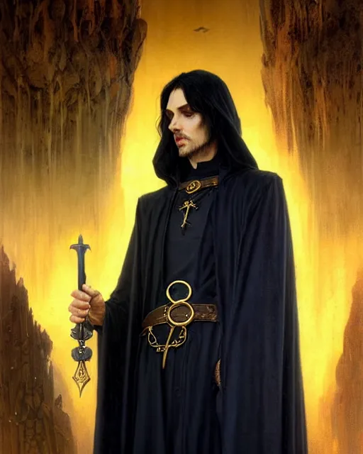 Prompt: handsome mage looking into the distance, long black hair wearing leather mantle gothic navy cloak with gold details, cave town, fantasy character portrait, hyperrealism, concept art, intricate details, highly detailed by greg rutkowski, ilya kuvshinov, gaston bussiere, craig mullins, simon bisley