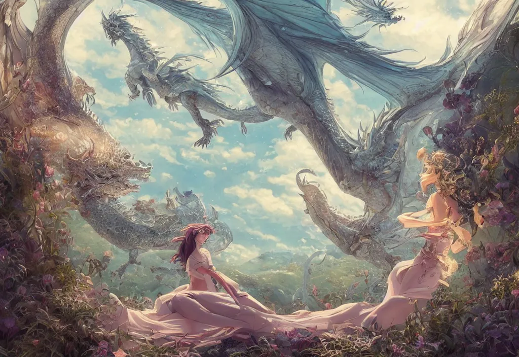 Image similar to the beautiful hyper detailed scene render that a lonely single beautiful girl lies in the arms of a huge silver dragon alone in the fairyland surrounded by white clouds, in the style of makoto shinkai victo ngai and peter mohrbacher studio ghibli artgerm karol bak beeple, cinematic, absolutely beautiful, ultra wide angle, animation style, 8 k hd