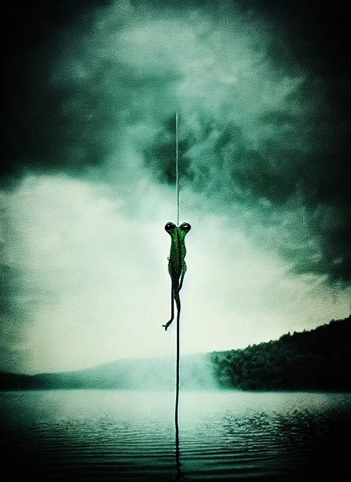 Image similar to “frog unicorn vertically hovering above misty lake waters in jesus christ pose, low angle, long cinematic shot by Andrei Tarkovsky, paranormal, eerie, mystical”