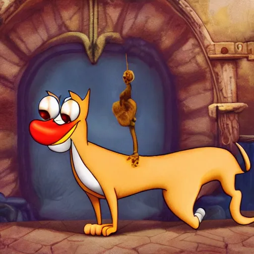 Image similar to photograph of a realistic nickelodeon's catdog, grim facial expression, high medieval fantasy, full color digital art, cinematic shot, portrait, wide shot.