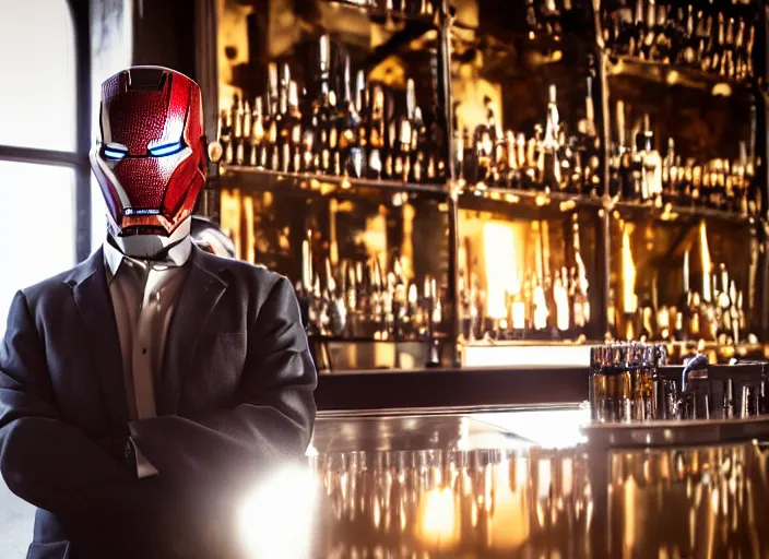 Image similar to a reflective steel engineering ironman - mask at a high end bar in a medieval themed castle in golden afternoon light, professional photography