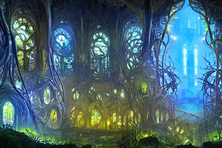 Prompt: futuristic foliage overgrowing detailed favela bioluminescence fungus hive, art nouveau environment, cathedral, award winning art, epic dreamlike fantasy landscape, ultra realistic,