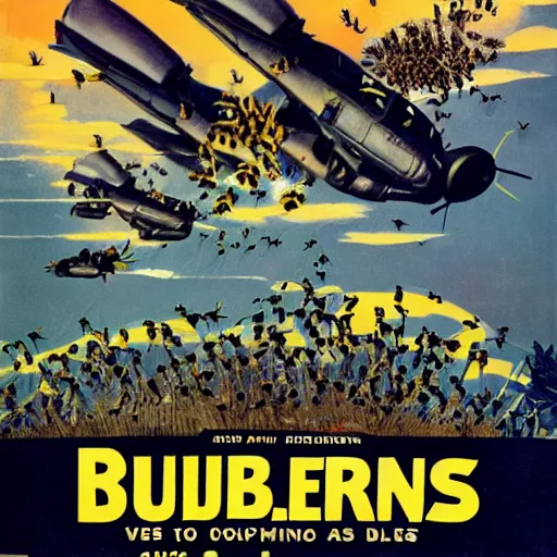 Image similar to + a security guard slumps sleeping at a computer + a swarm of bumblebees carries a weapon, highly detailed, ww 2 american propoganda poster, colorized