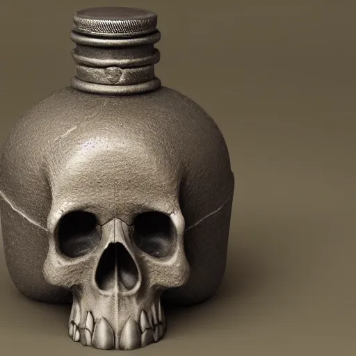 Prompt: ancient flask contains life and death essence, skull cap, raytracing, 3d rendering, octane render