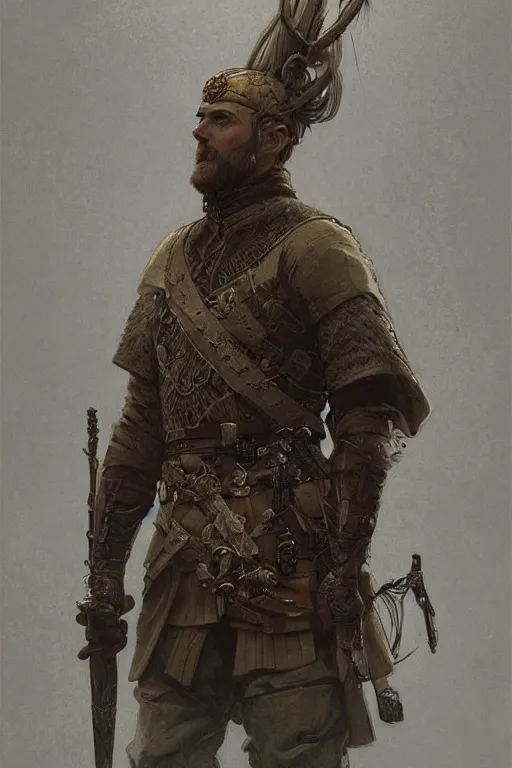 Prompt: A full portrait of an ancient nordic soldier, intricate, elegant, highly detailed, digital painting, artstation, concept art, smooth, sharp focus, illustration, art by Krenz Cushart and Artem Demura and alphonse mucha