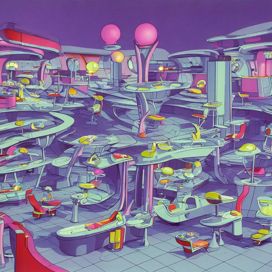 Image similar to concept art of jetsons cartoon scenario of a futuristic hair salon, painted by tim white