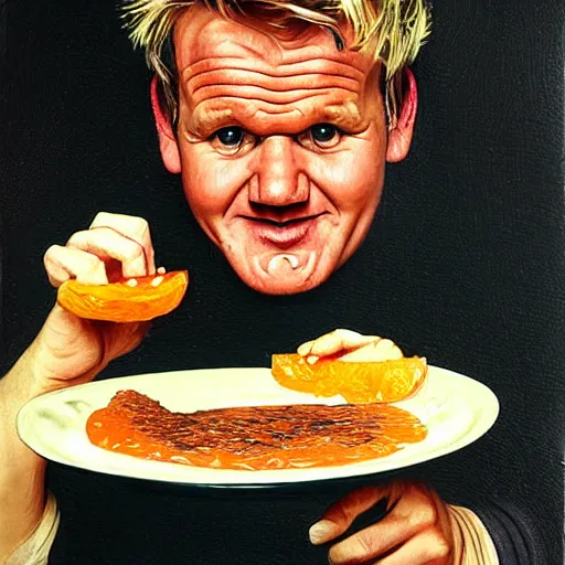 Prompt: gordon ramsay swimming in a pool of marmalade, painting by norman rockwell