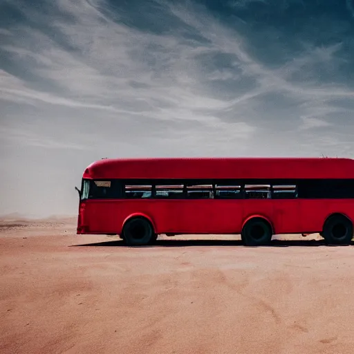 Image similar to photo of a red bus in desert, mad max fury road style, dynamic, fast moving