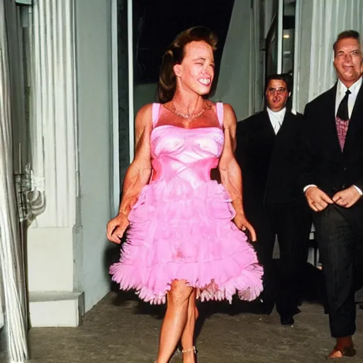 Image similar to Arnold Schwarzenegger in a pink frilly dress