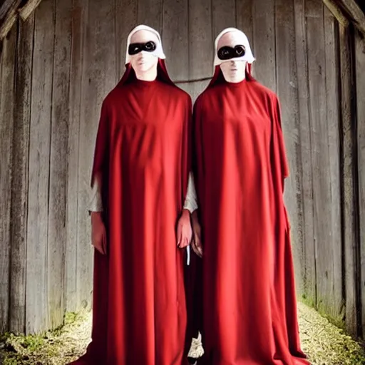 Image similar to terrifying photo,two Hovering twin nuns, wearing pointed hoods, buxom chested, blindfolded, wearing translucent veils, see through dress, Very long arms, bedroom, wood door, eerie, frightening, highly detailed, photorealistic, colorized —width 1024 —height 1024