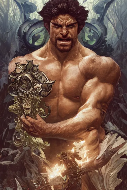 Image similar to portrait of auronplay as a hulking herculean demon, forest, godlike, full body, fantasy, intricate, elegant, highly detailed, digital painting, artstation, concept art, sharp focus, illustration, art by artgerm and greg rutkowski and alphonse mucha