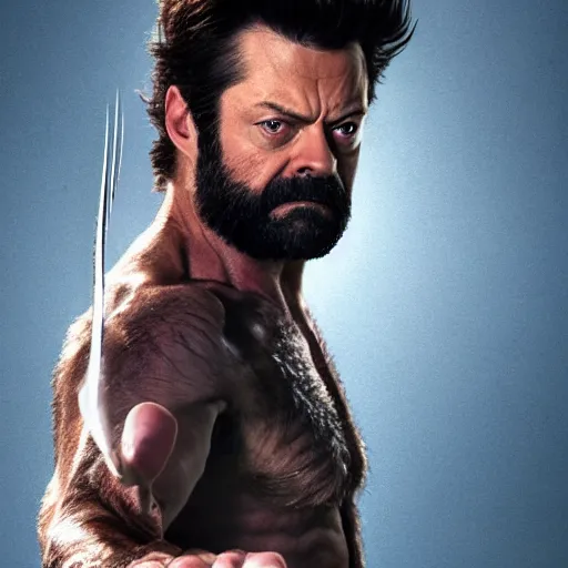 Prompt: logan wolverine pictured as nick offerman with 3 identical claws released off his wrist, photorealistic marvel movie still, imdb, detailed, 8 k, poster photosession style