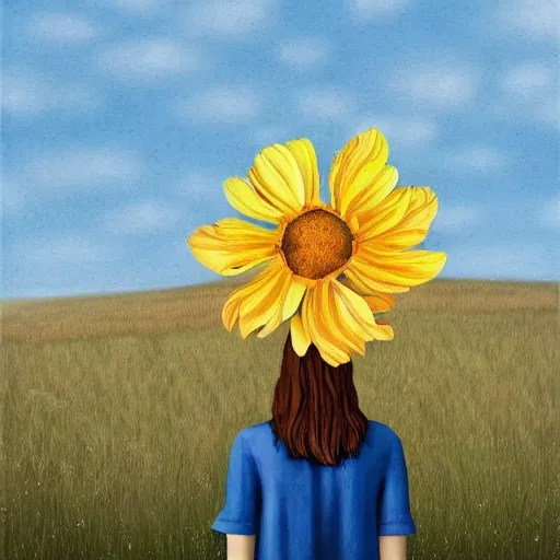 Image similar to huge flower as head, woman standing in a field, surreal, flat light, painting, digital painting, artstation, georgia o'keeffe