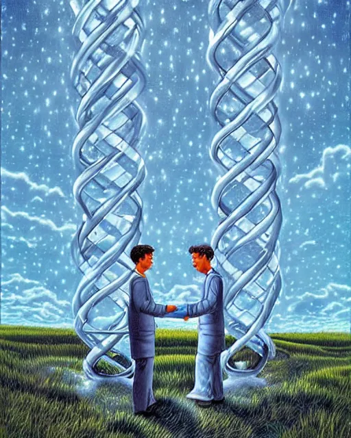 Image similar to in a field, two scientists in lab coats encounter a monster shaped like the DNA double helix, stormy weather, by Rob Gonsalves