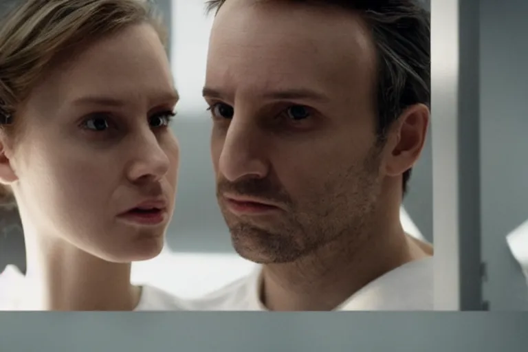 Image similar to movie closeup polar opposites, couple, researchers in a futuristic weapons lab, beautiful skin, Symmetrical faces. Beautiful lighting by Emmanuel Lubezki