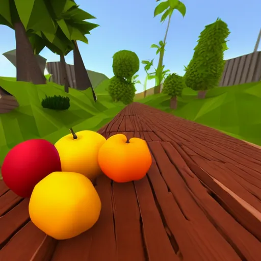 Prompt: vr game, first person, axe equipped, variety of fruits on the background, low poly