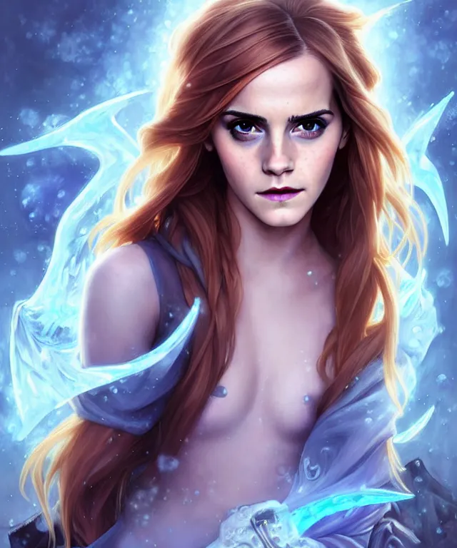 Image similar to Emma Watson as a ice magician, crystal maiden from dota 2, sci-fi, amber eyes, face, long hair, fantasy, intricate, elegant, highly detailed, digital painting, artstation, concept art, smooth, sharp focus, illustration, art by artgerm and greg rutkowski and alphonse mucha