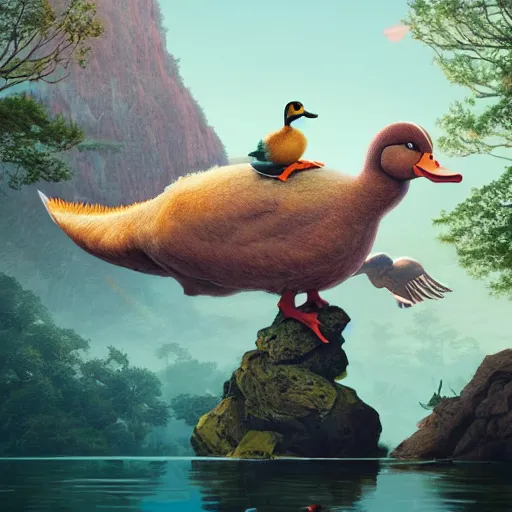 Prompt: a duck standing on a rock with a dinosaur behind it, about to be eaten. artwork by Tooth Wu and wlop and beeple and Dan Mumford. Octane render, trending on artstation, greg rutkowski very coherent symmetrical artwork. Cinematic, hyper realism, high detail 8k